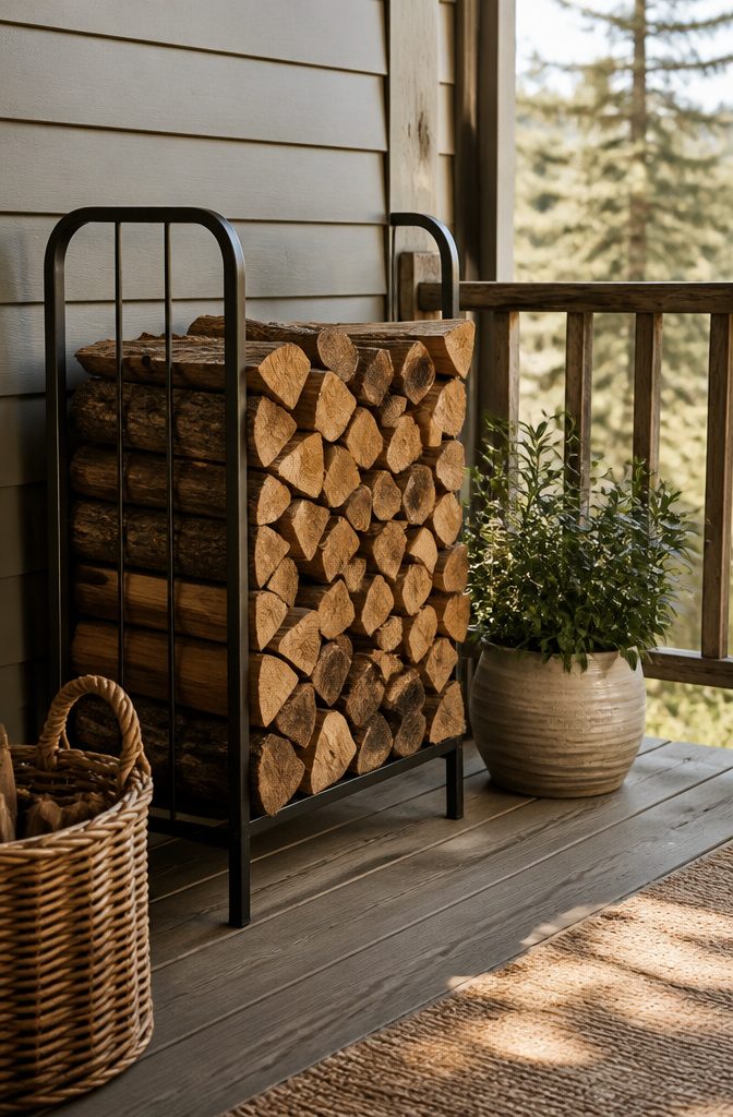 A metal log rack displaying neatly stacked firewood.