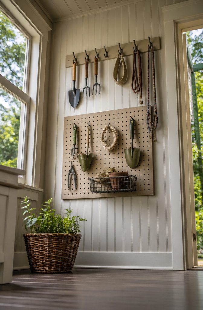 Wall hooks and a peg board used for organizing tools.