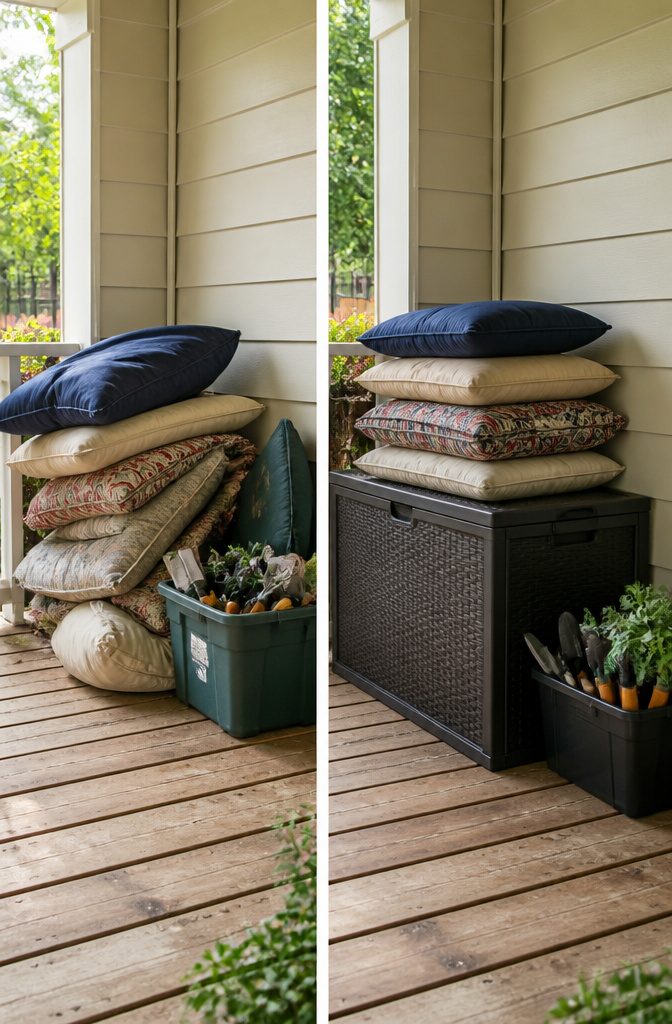 A person examining outdoor cushions for wear and tear.