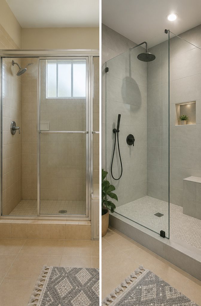 A shower featuring black grout with white subway tiles.