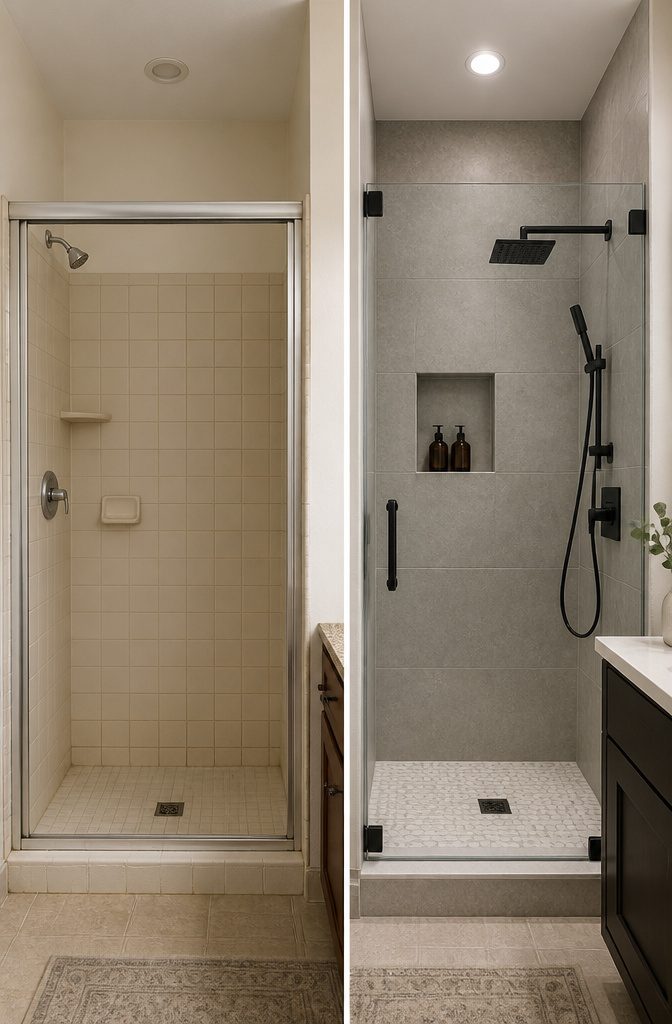 A dark shower niche set against light walls.