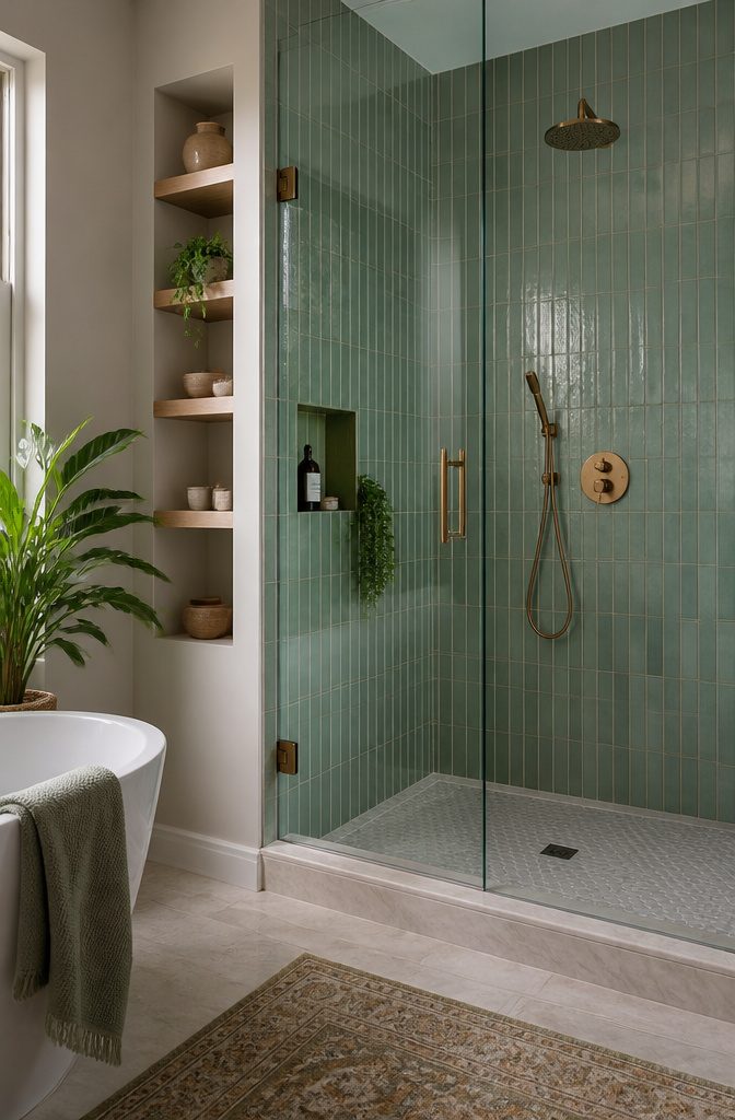 A shower with a painted ceiling and colorful grout.