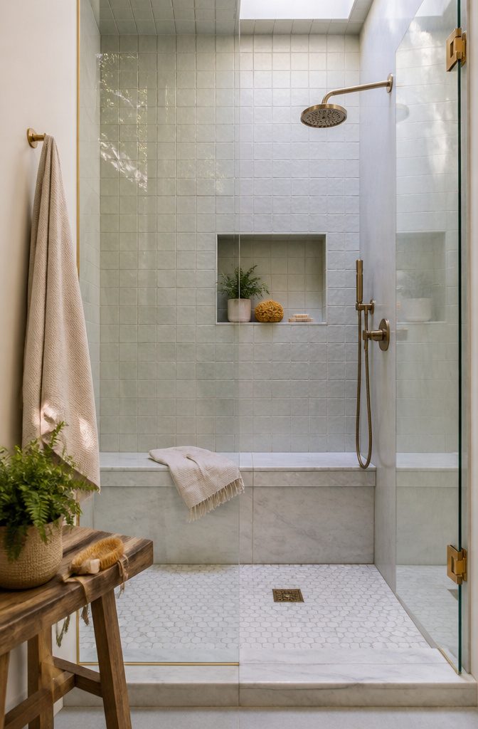 A corner bench installed in a shower for seating.