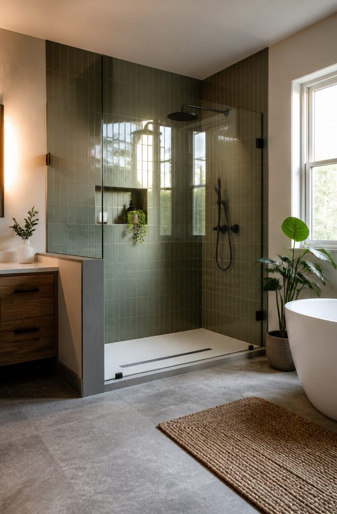 A frameless glass shower enclosure giving a weightless appearance.