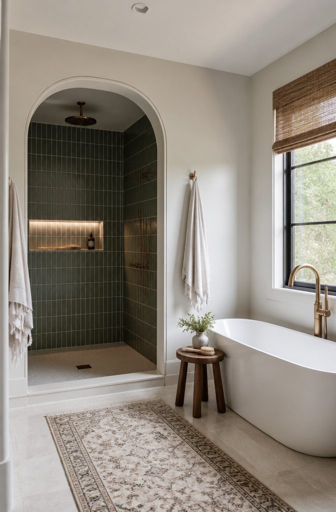 A shower entrance framed with contrasting stone trim.