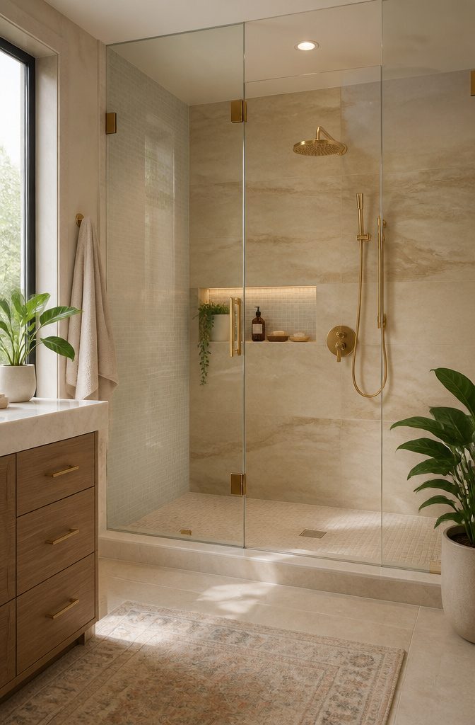 A luxurious shower with marble tile and gold hardware.