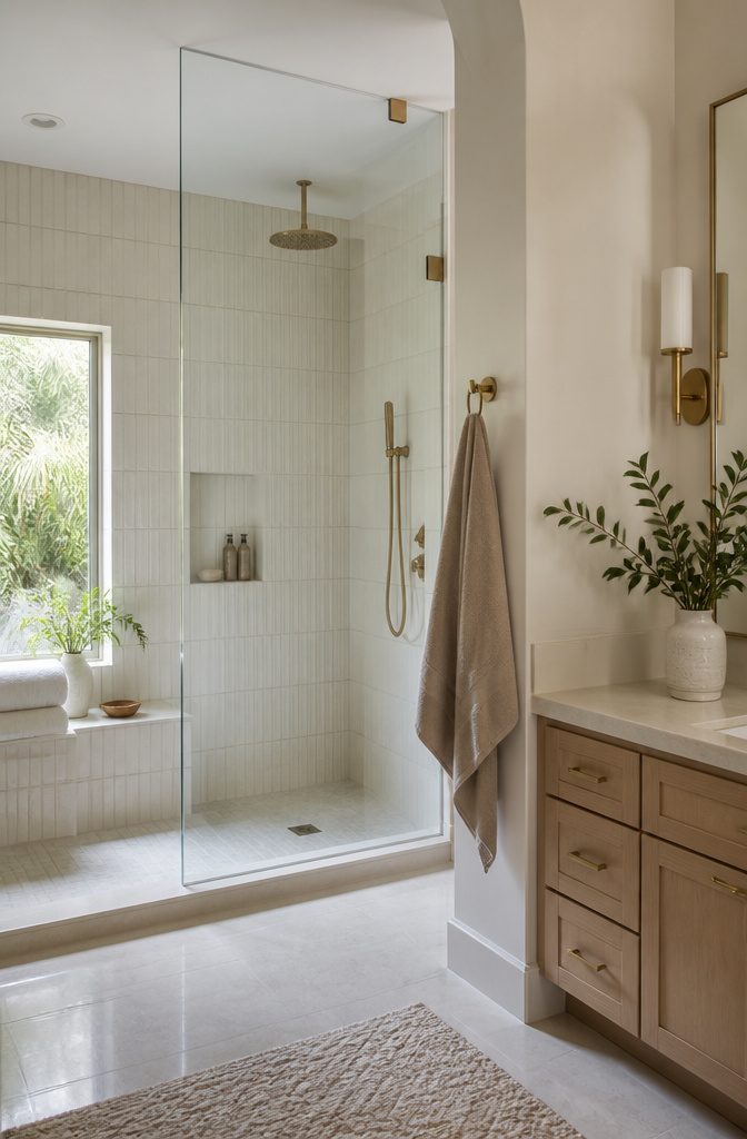 An airy shower with white subway tiles in a running bond pattern.