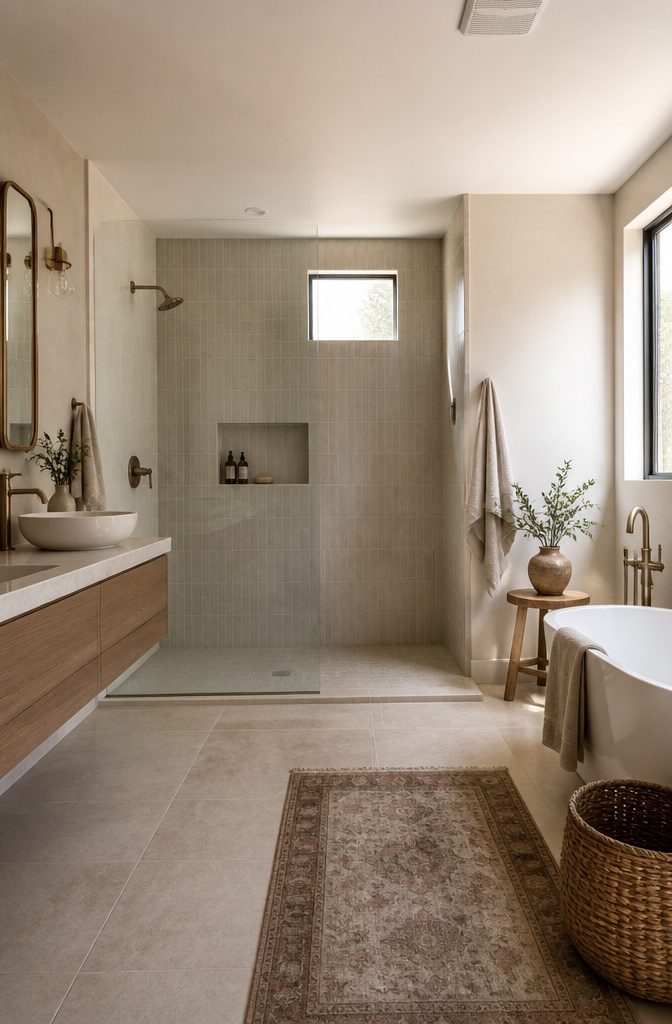 A deep shower design with a partial wall.