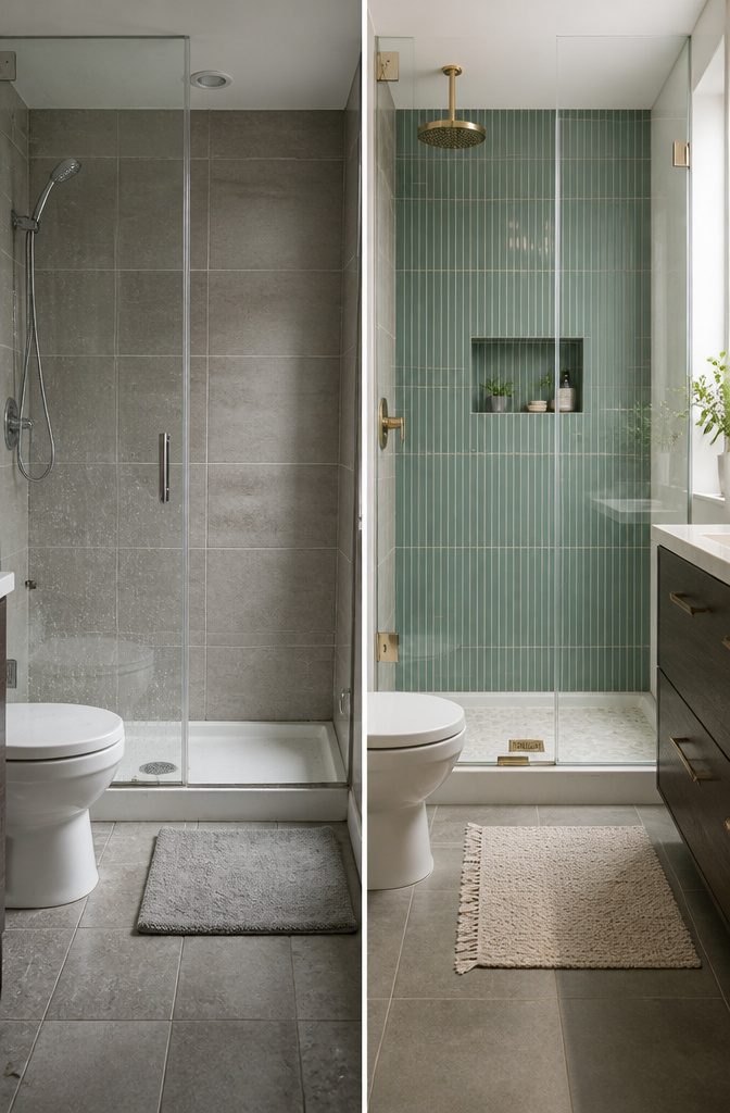 A bathroom featuring a mix of matte ceramic and honed marble tiles.