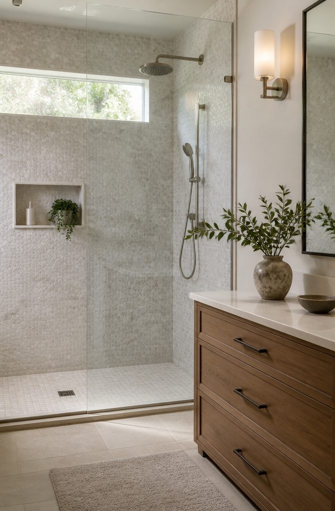 A close-up of textured mosaic tiles in a shower.