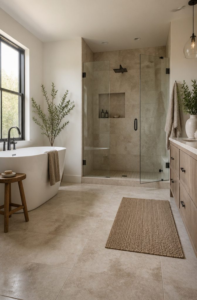 A shower area painted in warm greige tones.