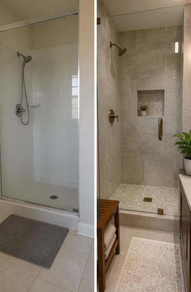 A shower with clear glass doors revealing tiled walls.