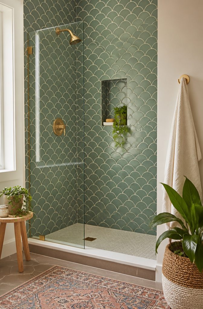 A shower floor featuring playful patterned tiles.