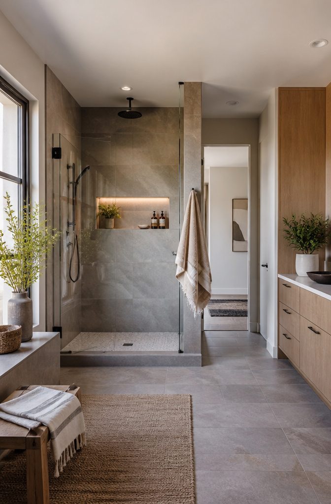 A shower with dual shower heads for enhanced functionality.