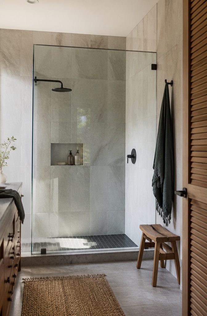 A shower wall covered in textured tiles.