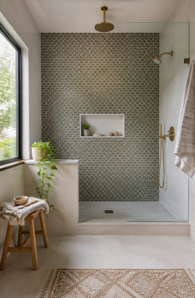 An intricate waterjet-cut stone pattern in a shower.