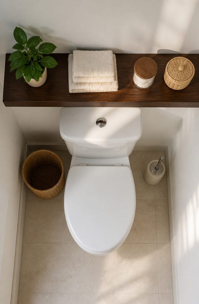 A floating shelf above a toilet with decorative items.