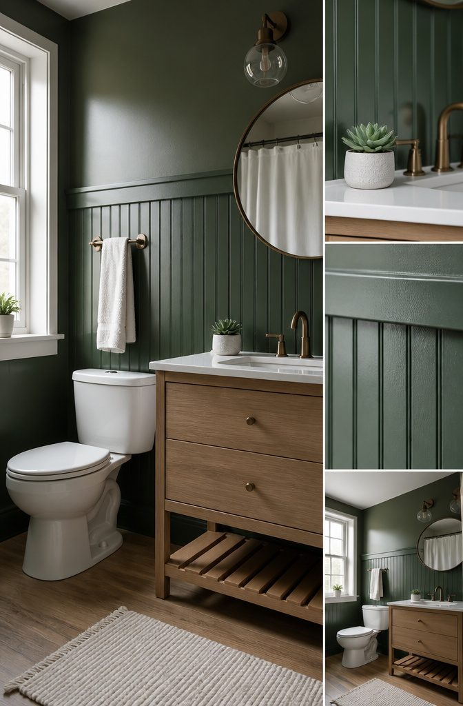 Beadboard paneling painted deep green on a bathroom wall.