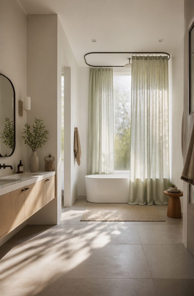 A high-mounted shower curtain rod with a long curtain.