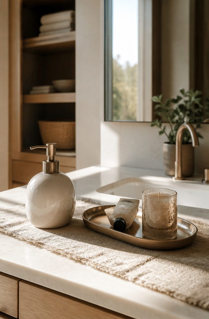 Ceramic soap dispenser and tray on a bathroom counter.