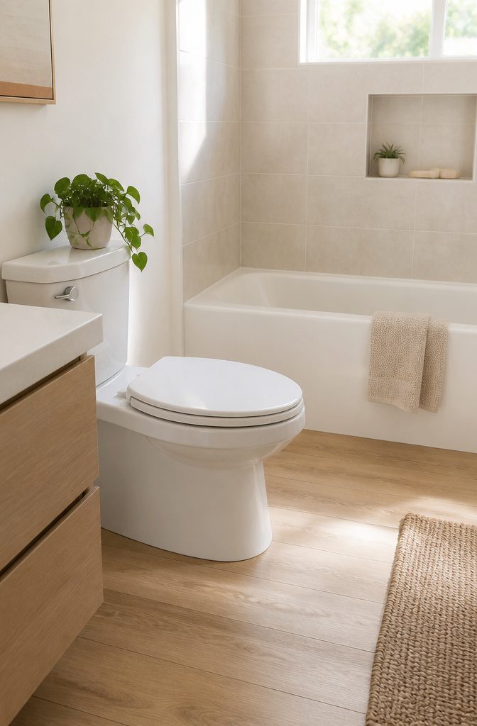 A clean white toilet seat installed in a bathroom.