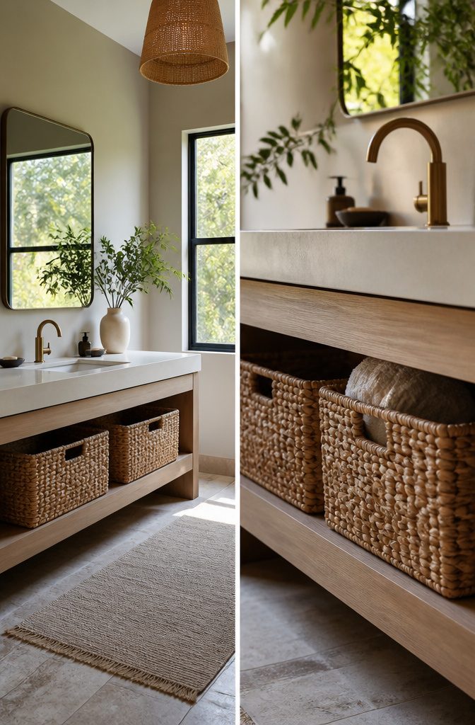 Water hyacinth baskets used for bathroom storage.