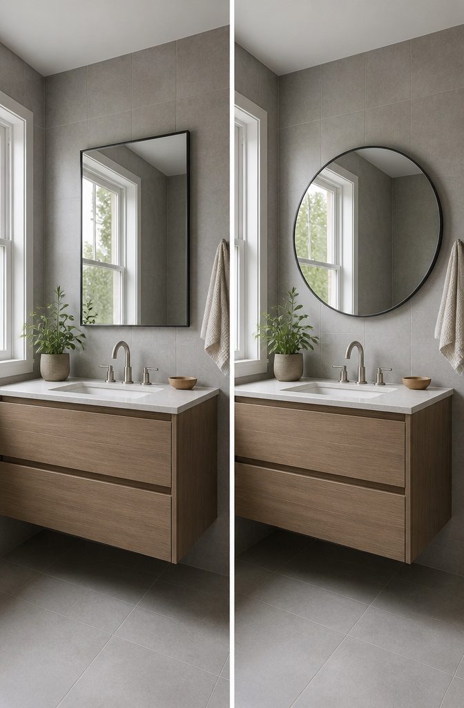 A round mirror mounted above a bathroom vanity.