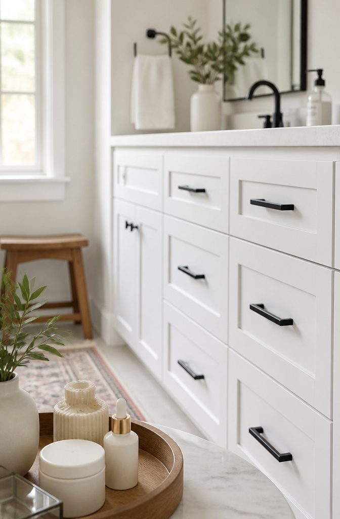 Matte black cabinet pulls installed on white cabinets.