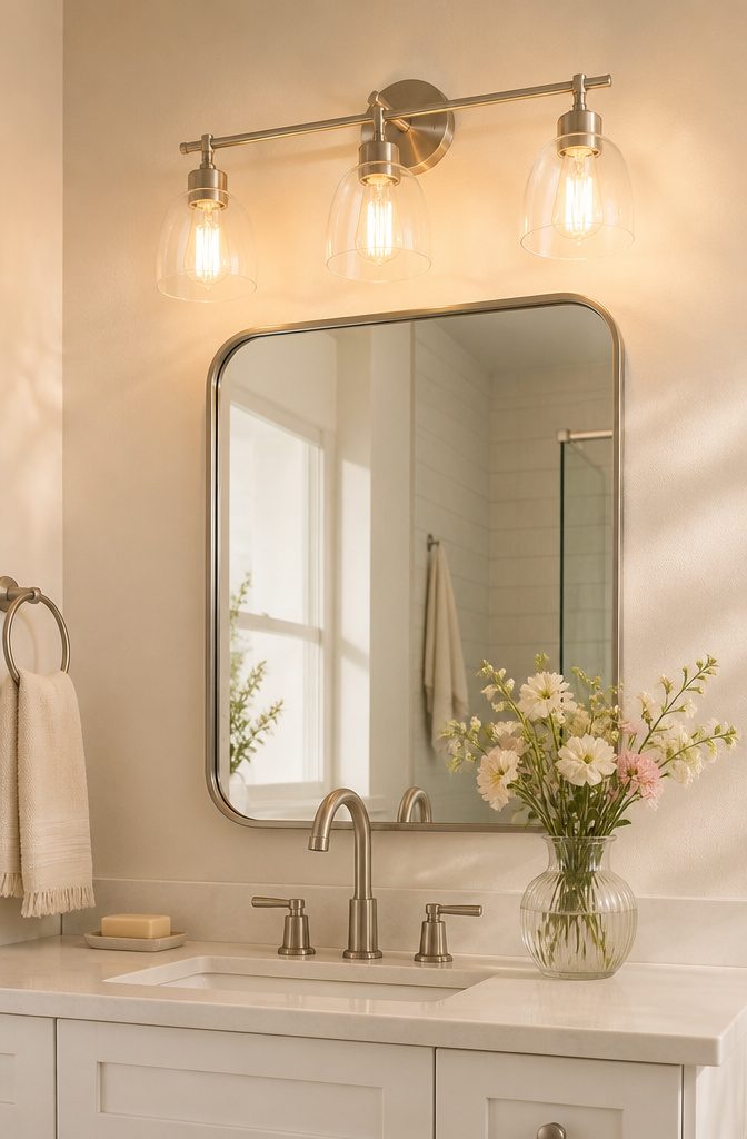A brushed nickel light fixture with three bulbs above a mirror.