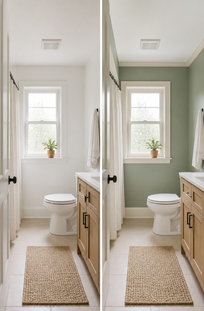 A small bathroom wall painted in a cool-toned sage color.