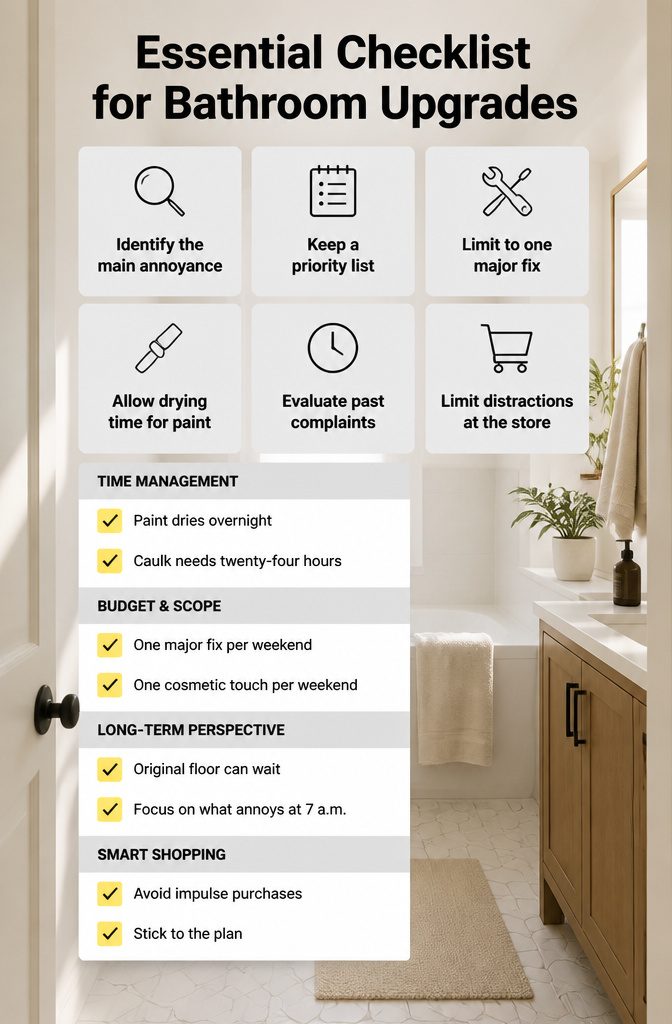 A checklist titled 'Essential Checklist for Bathroom Upgrades'.