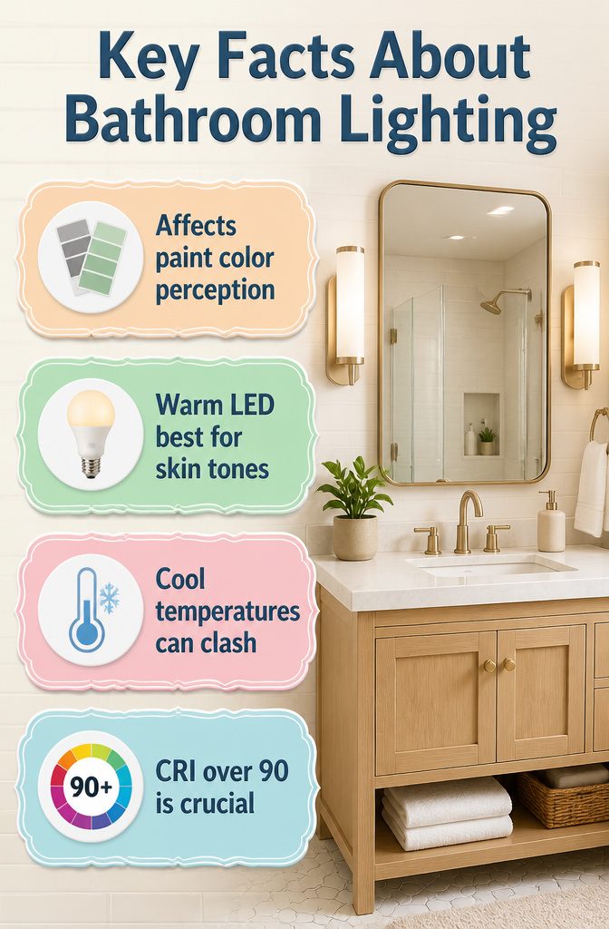 A light fixture illuminating a bathroom with paint samples.
