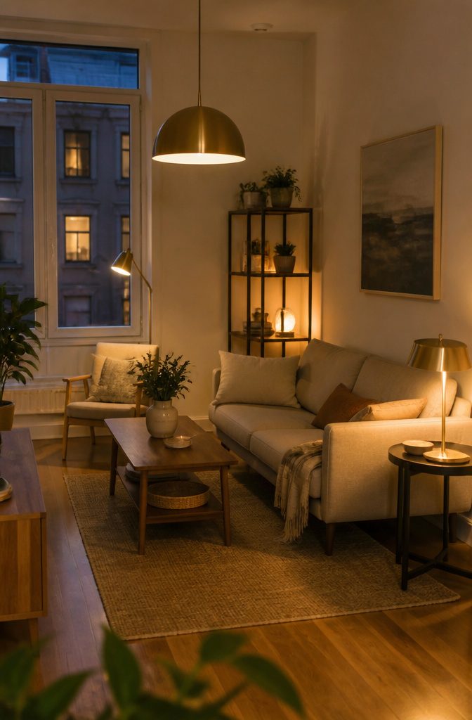 A living room with pendant lights and a floor lamp for layered lighting.