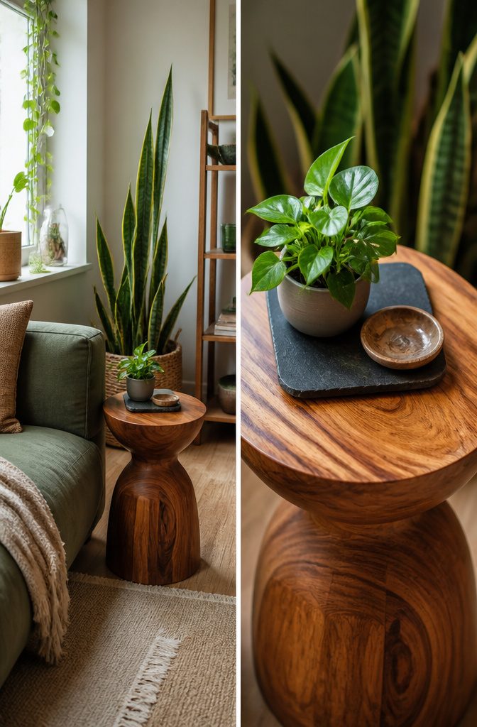 A teak stool and stone textures in a cozy living space.