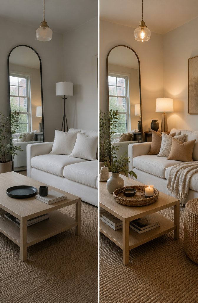 A room with white walls, light upholstery, and a large mirror.