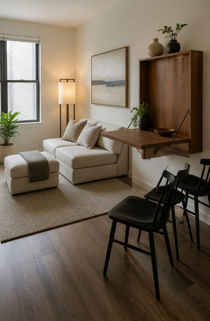 A modular sofa in a studio space, arranged with a fold-down table.
