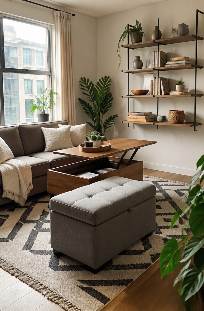 A gray storage ottoman in front of a lift-top coffee table.