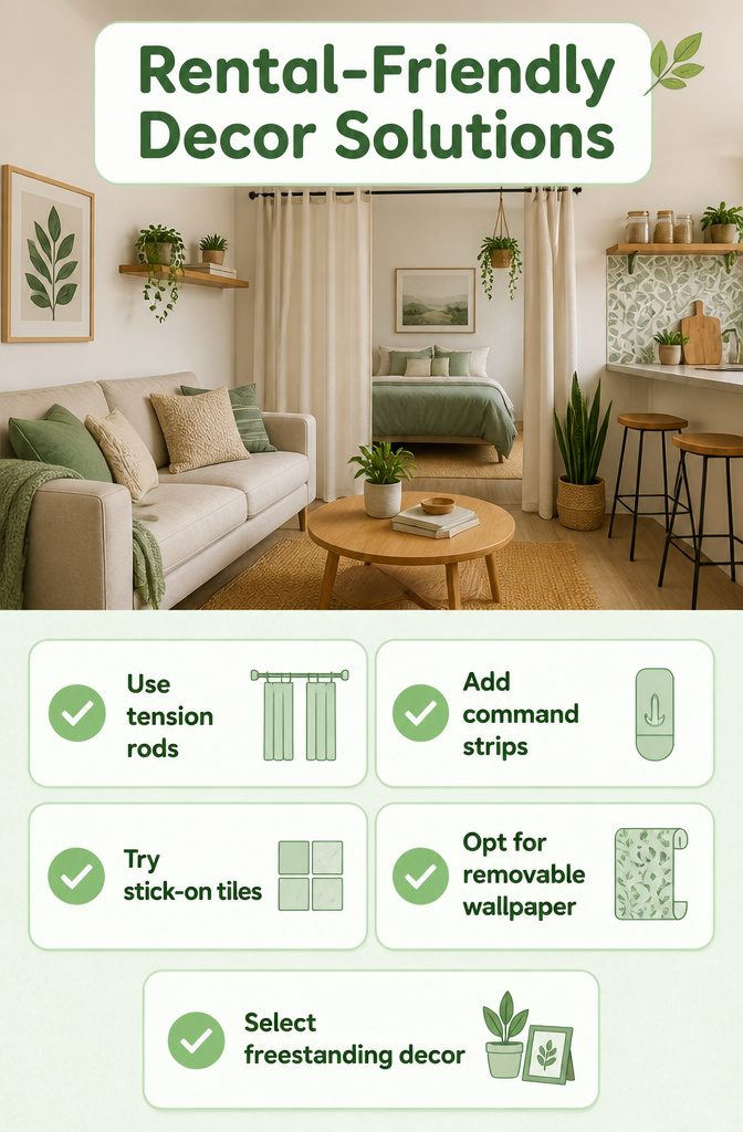 An image showing rental-friendly decor solutions using tension rods.