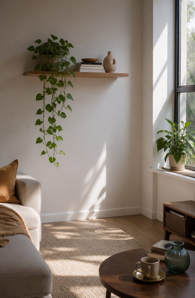 A shelf with a trailing pothos plant and decorative accessories.