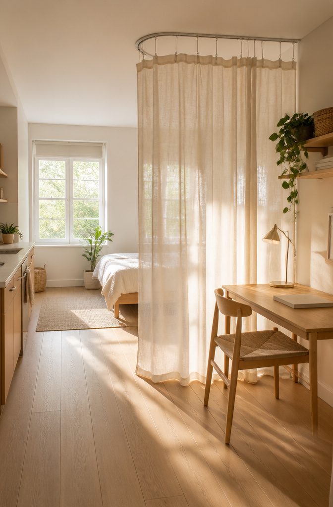 Sheer curtains framing a sleeping area in a bright studio.
