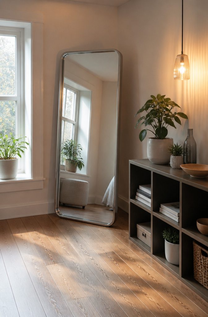 A floor-length mirror leaning against a wall in a small room.