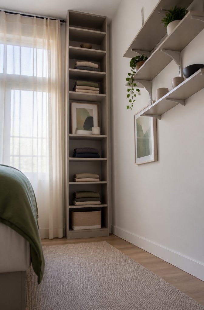 A slim bookcase beside a window and wall-mounted shelves.