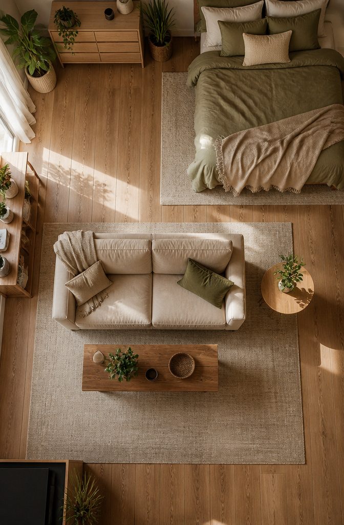 A rug under the front legs of a sofa group in a small living area.