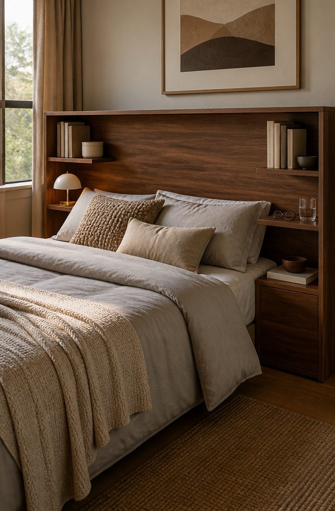 9 Small Bedroom Bookcase Ideas for Tight Spaces 2026 4 A bookcase headboard with open shelves on both sides of a bed.