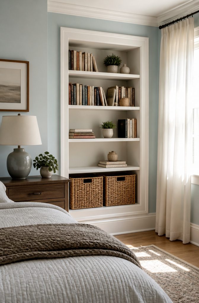 9 Small Bedroom Bookcase Ideas for Tight Spaces 2026 3 A built-in bookshelf with books and decorative baskets in an alcove.