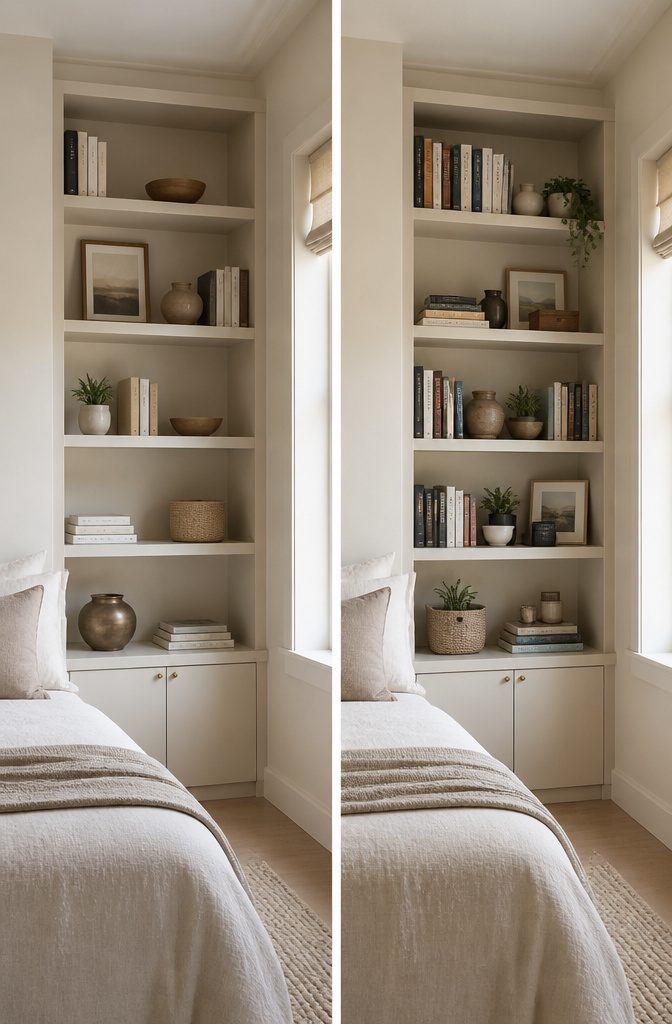 9 Small Bedroom Bookcase Ideas for Tight Spaces 2026 12 Shelves painted to match the wall color in a bedroom.