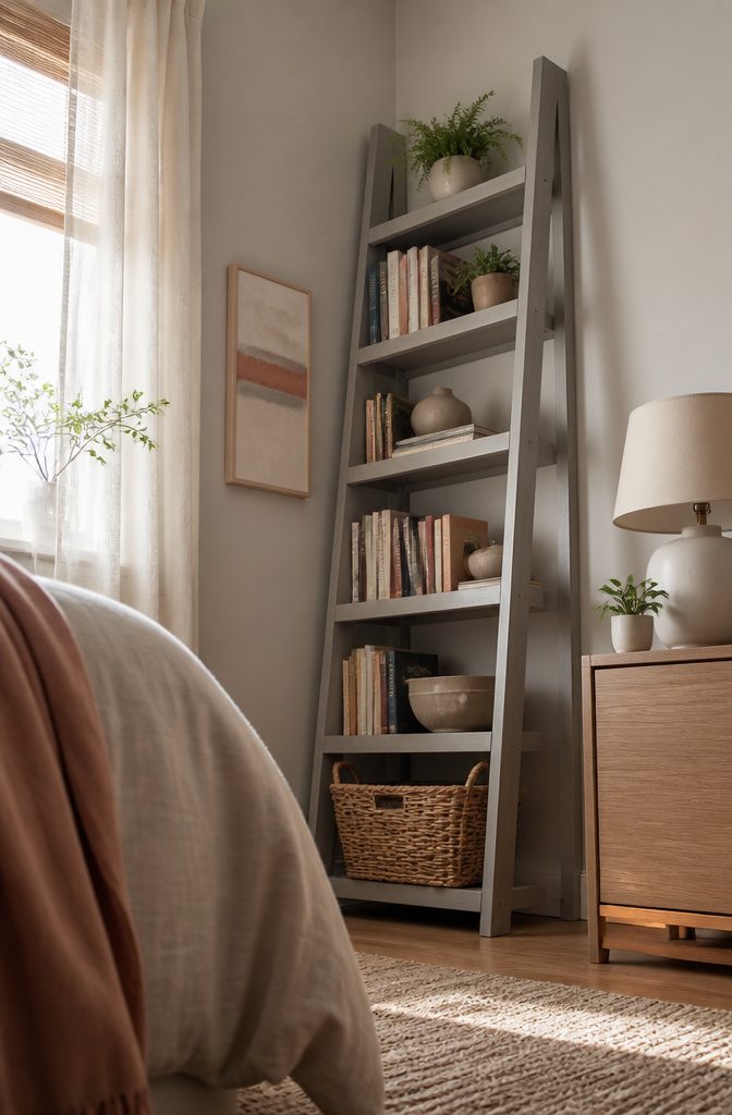 9 Small Bedroom Bookcase Ideas for Tight Spaces 2026 2 A corner bookshelf fitted into the angle of a room.