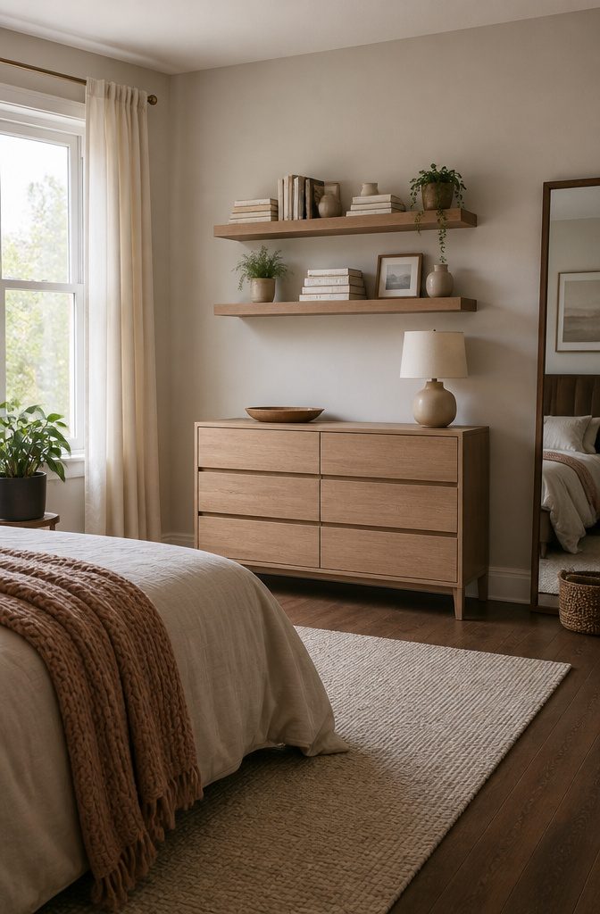 9 Small Bedroom Bookcase Ideas for Tight Spaces 2026 1 Floating shelves mounted on a wall with books and decor.