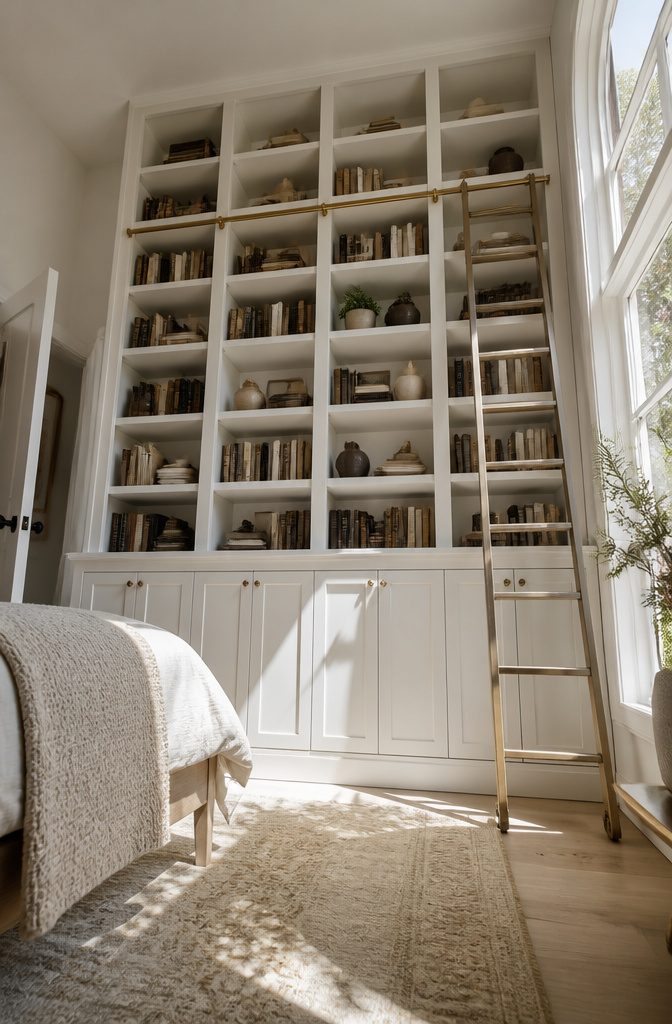 9 Small Bedroom Bookcase Ideas for Tight Spaces 2026 5 A tall, narrow bookcase reaching from floor to ceiling.