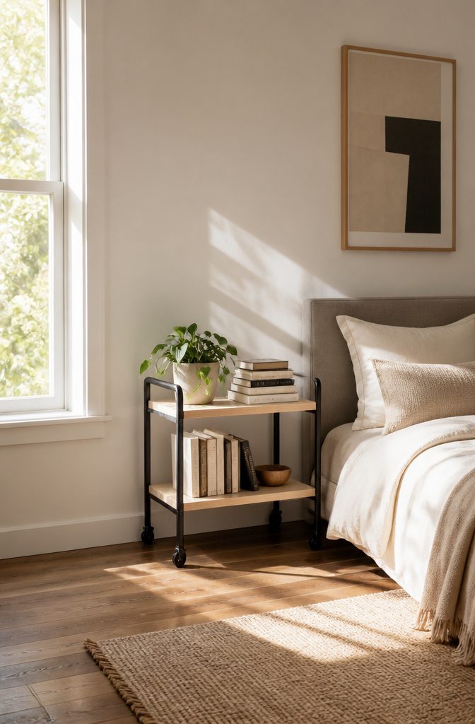 9 Small Bedroom Bookcase Ideas for Tight Spaces 2026 6 A wheeled bookshelf cart with books and a small plant.